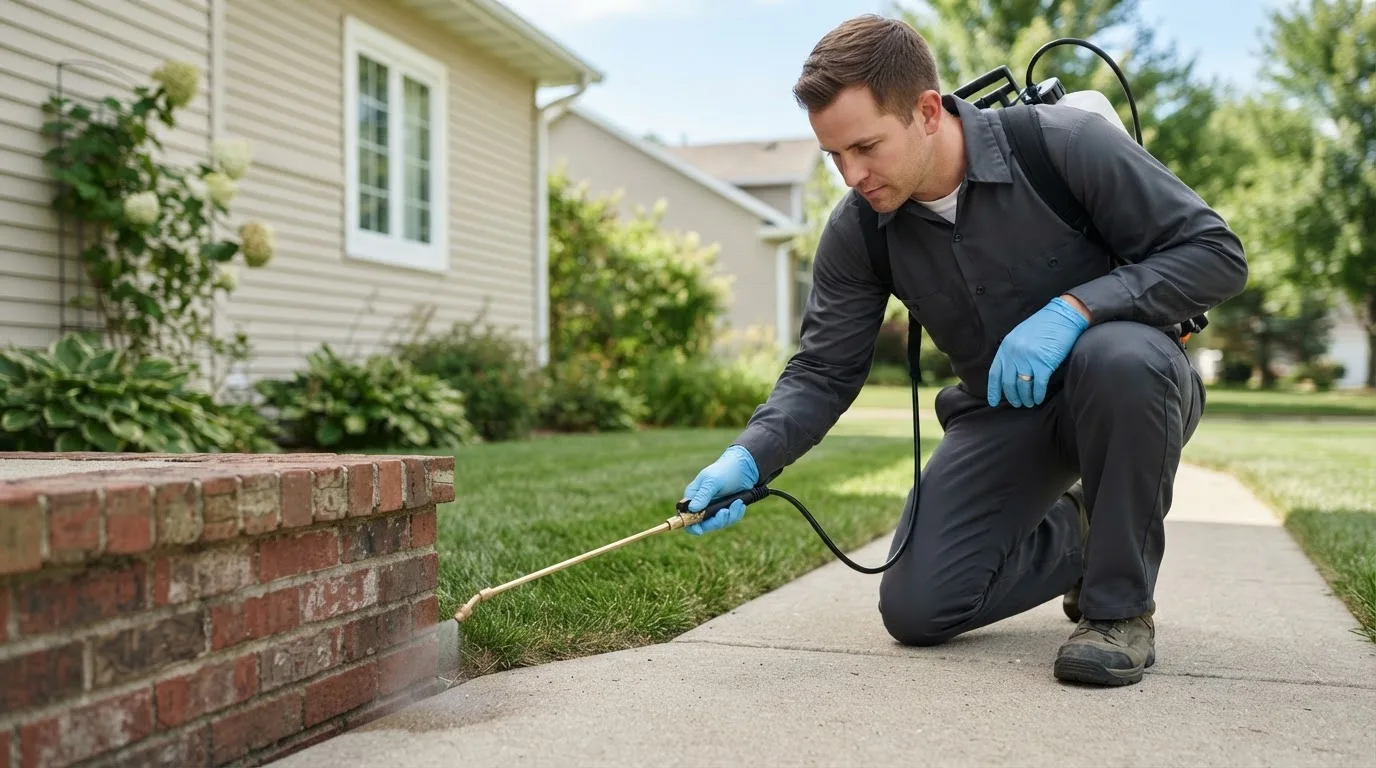 Pest control technician treating a home near Cincinnati, OH